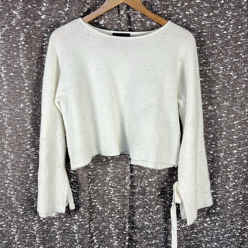 Mustard Seed White Cropped Long Sleeve‎ Sweater With Ties on Sleeves